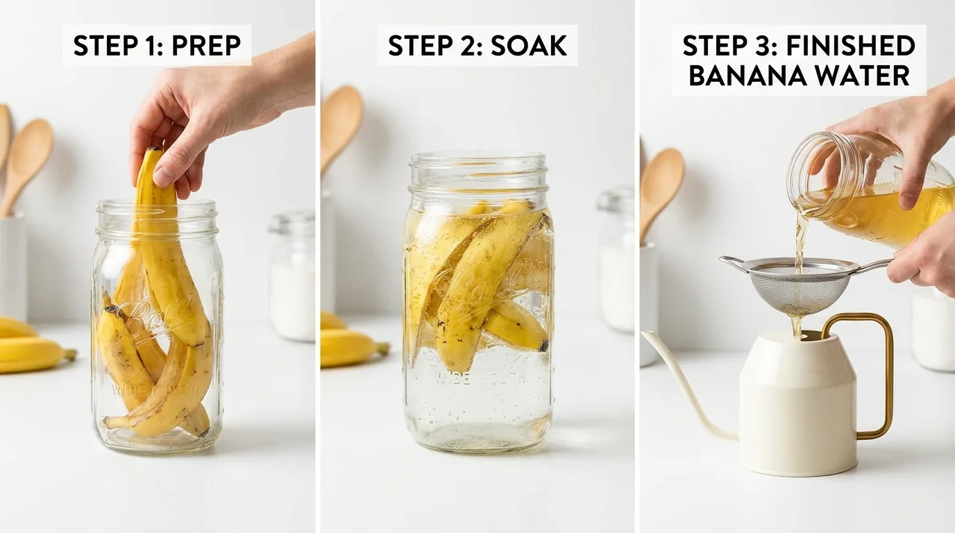 Banana peels soaking in water to make homemade plant fertilizer