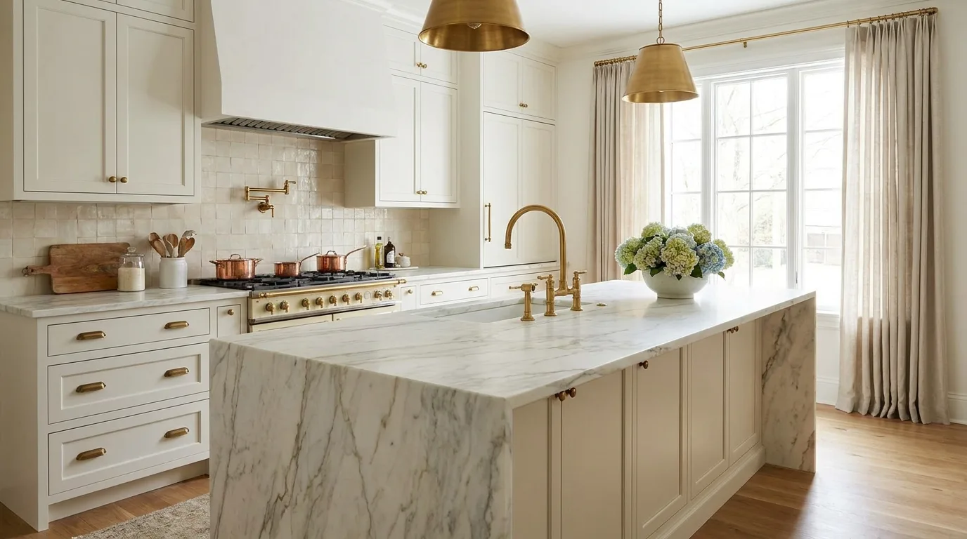 Kitchen island with a softly rounded countertop edge