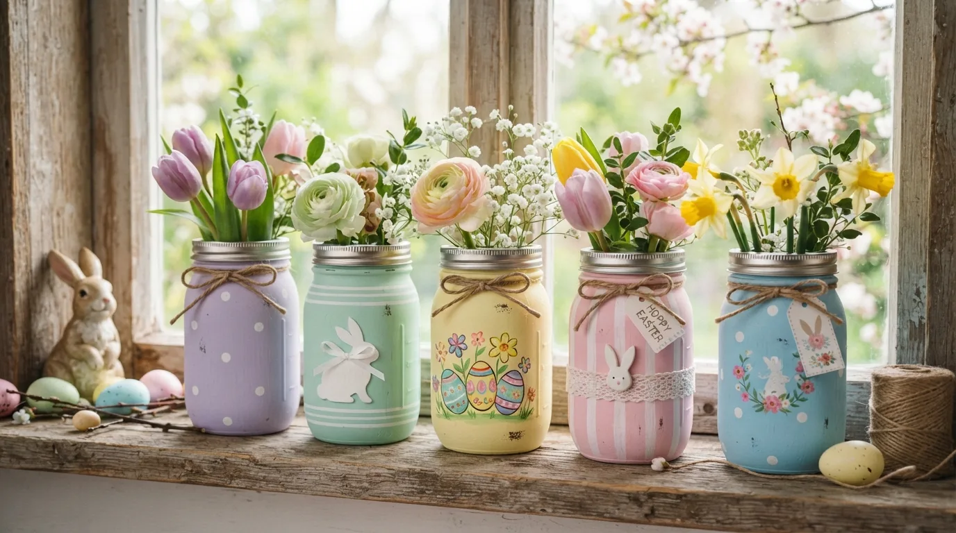 Mini Mason jar Easter basket filled with grass, candy, and small gifts