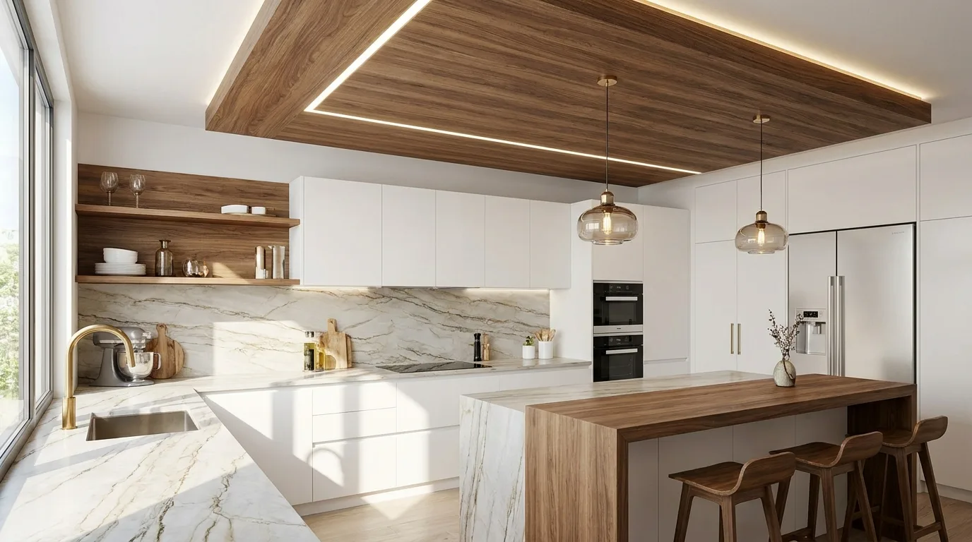 Minimalist kitchen with recessed spotlights in a clean ceiling
