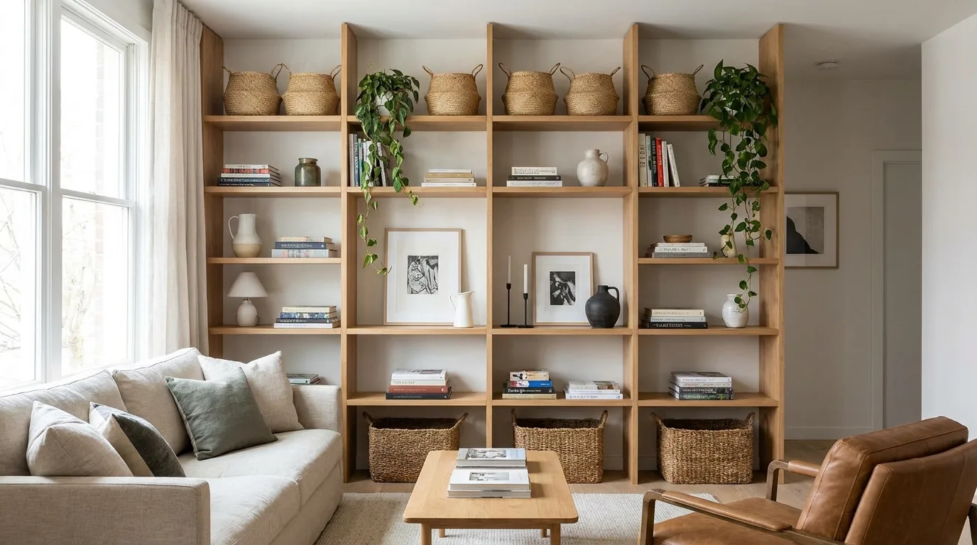 Decluttering basket used in an organized living room