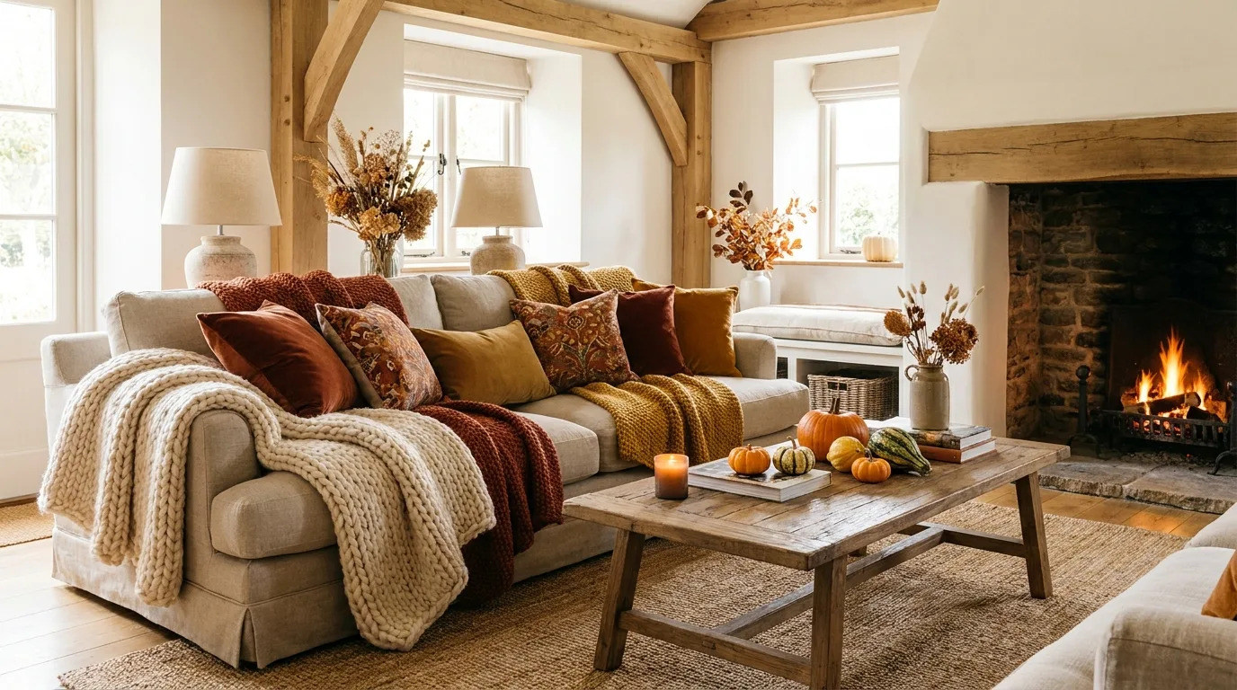 Modern fall living room using cream, camel, terracotta, olive, and warm wood tones