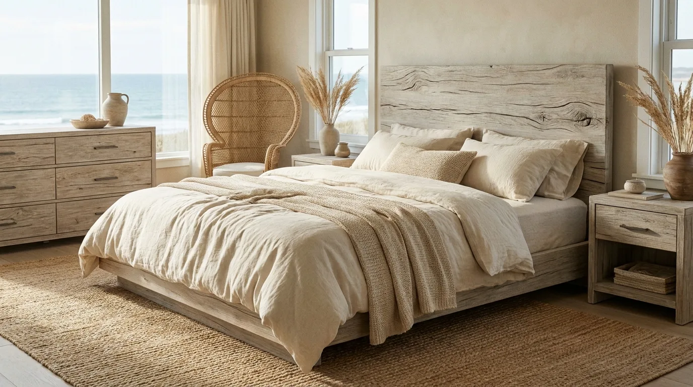 Coastal bedroom layered with linen, cotton, jute, woven baskets, and pale wood
