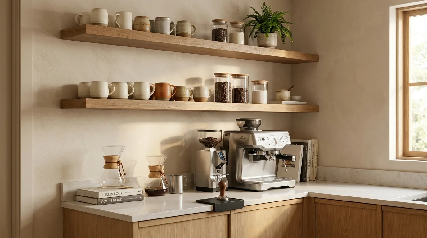 Organized corner kitchen coffee bar with shelves, mugs, coffee jars, and lighting