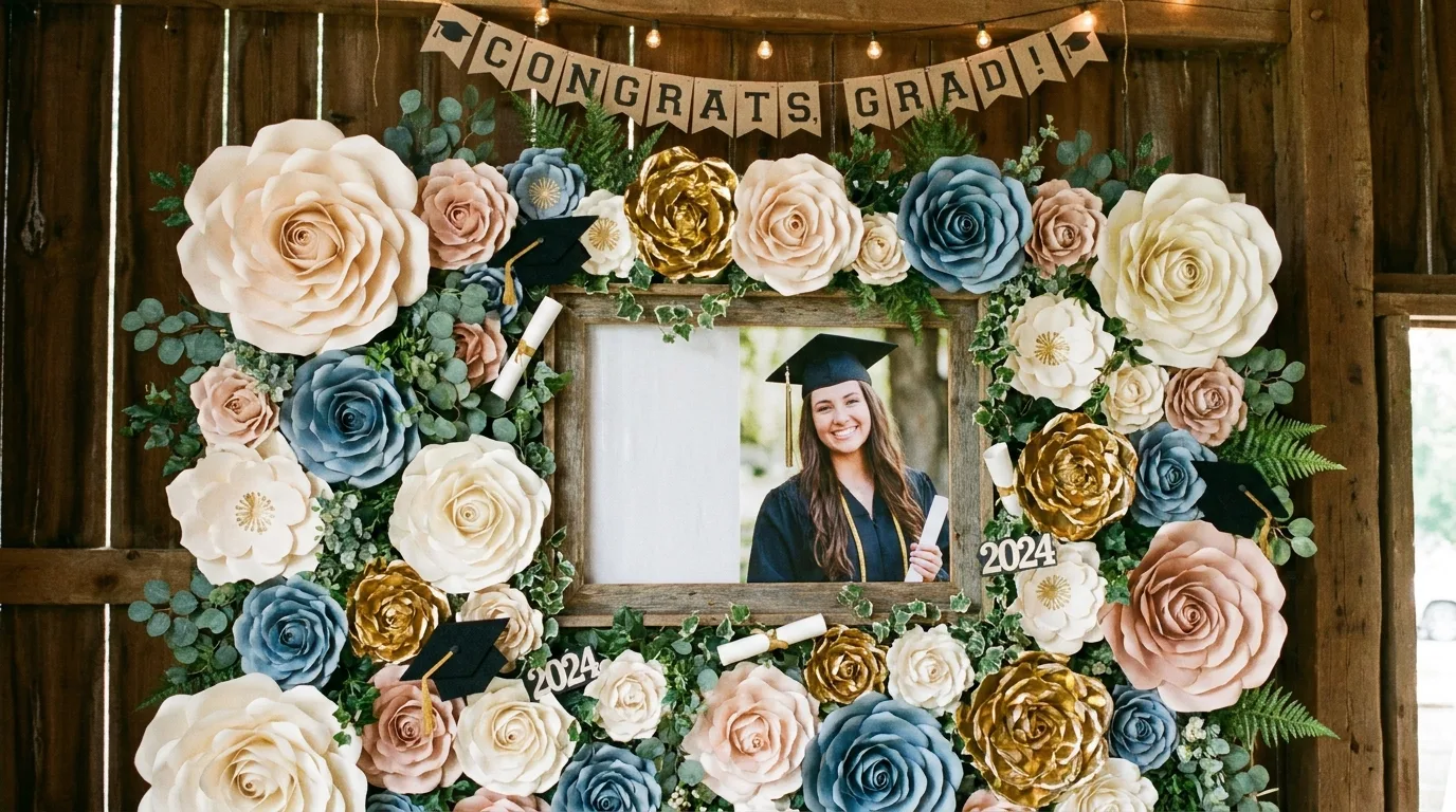 Outdoor backyard graduation balloon and fabric backdrop