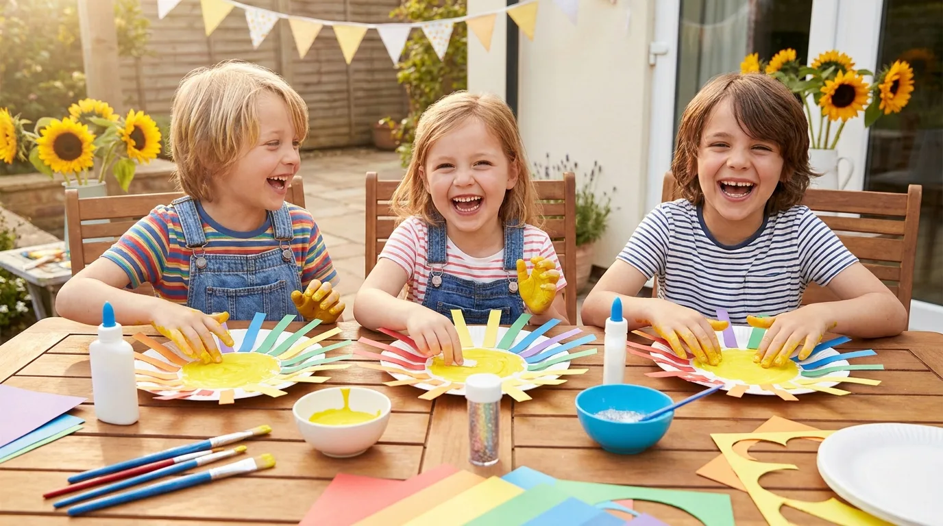 Kids making playful paper bag beach puppets