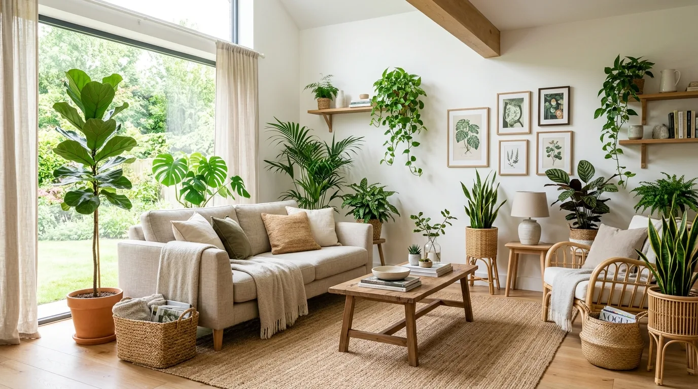 Nature-inspired summer coffee table with shells, stones, ceramics, and dried grasses