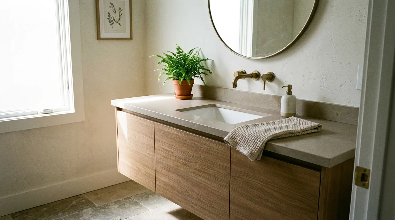 Guest-friendly bathroom counter with neatly displayed hand towels