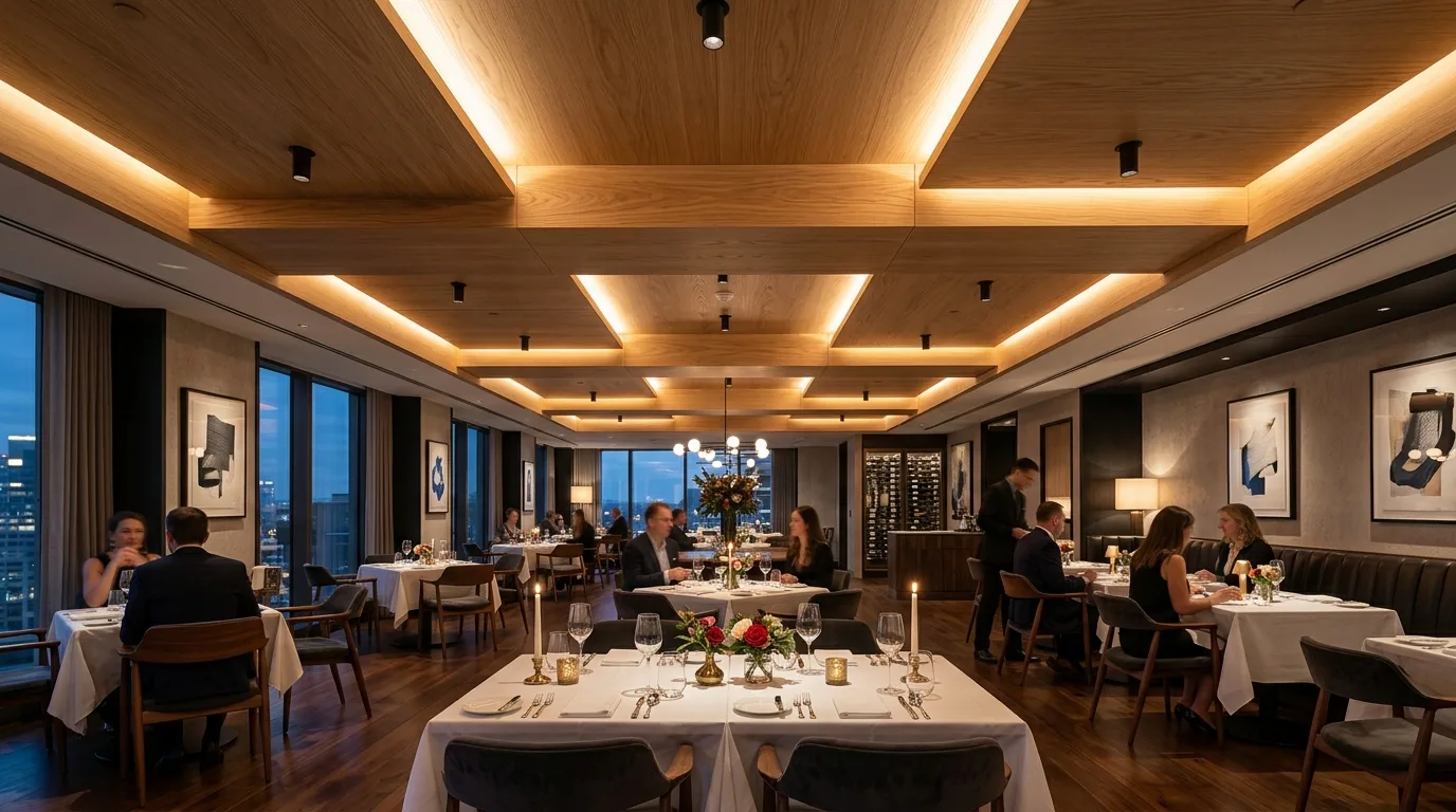 Minimalist floating wooden ceiling with concealed perimeter lighting