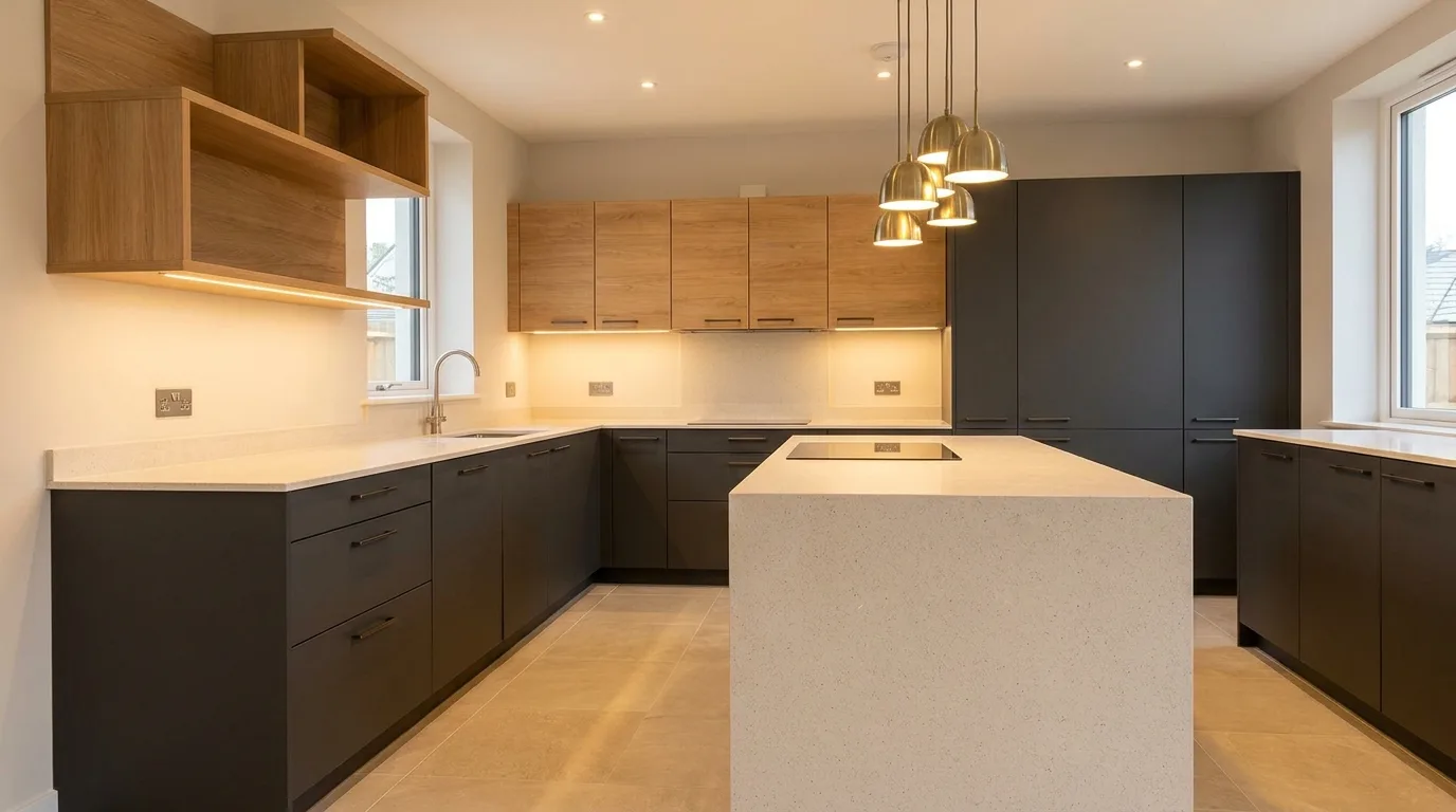 Emerald green and cream kitchen laminate cabinets