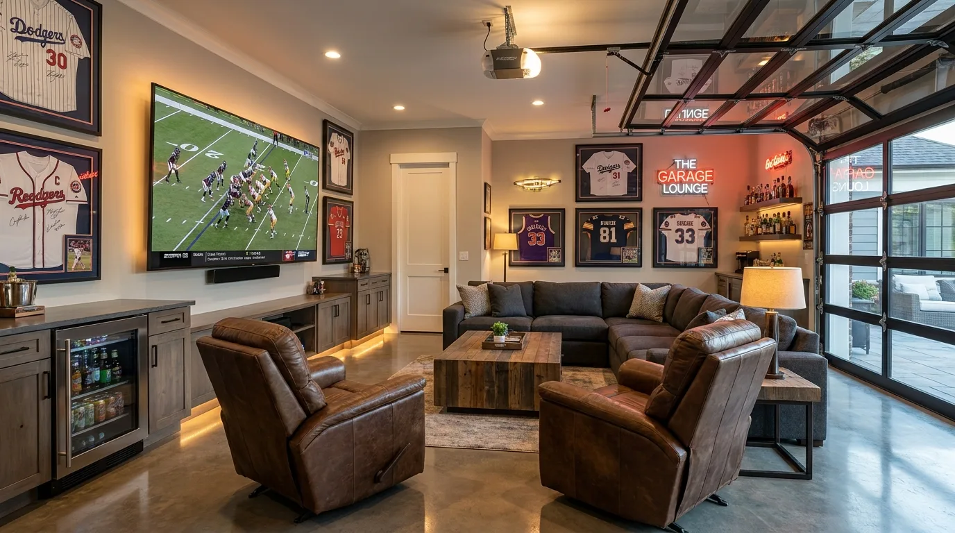 Smart multipurpose garage man cave with bar, lounge, gaming station, and fold-down workbench