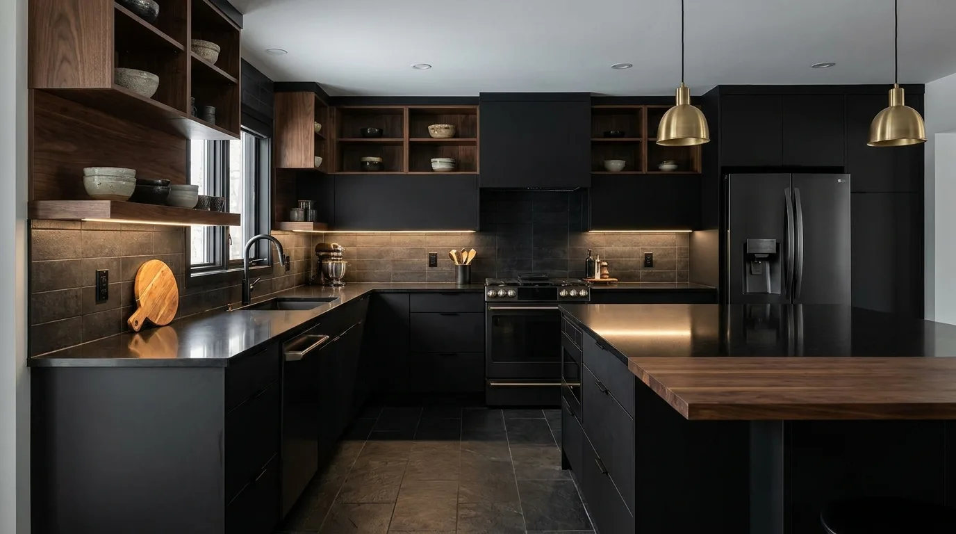 Minimalist kitchen featuring sleek black quartz countertops