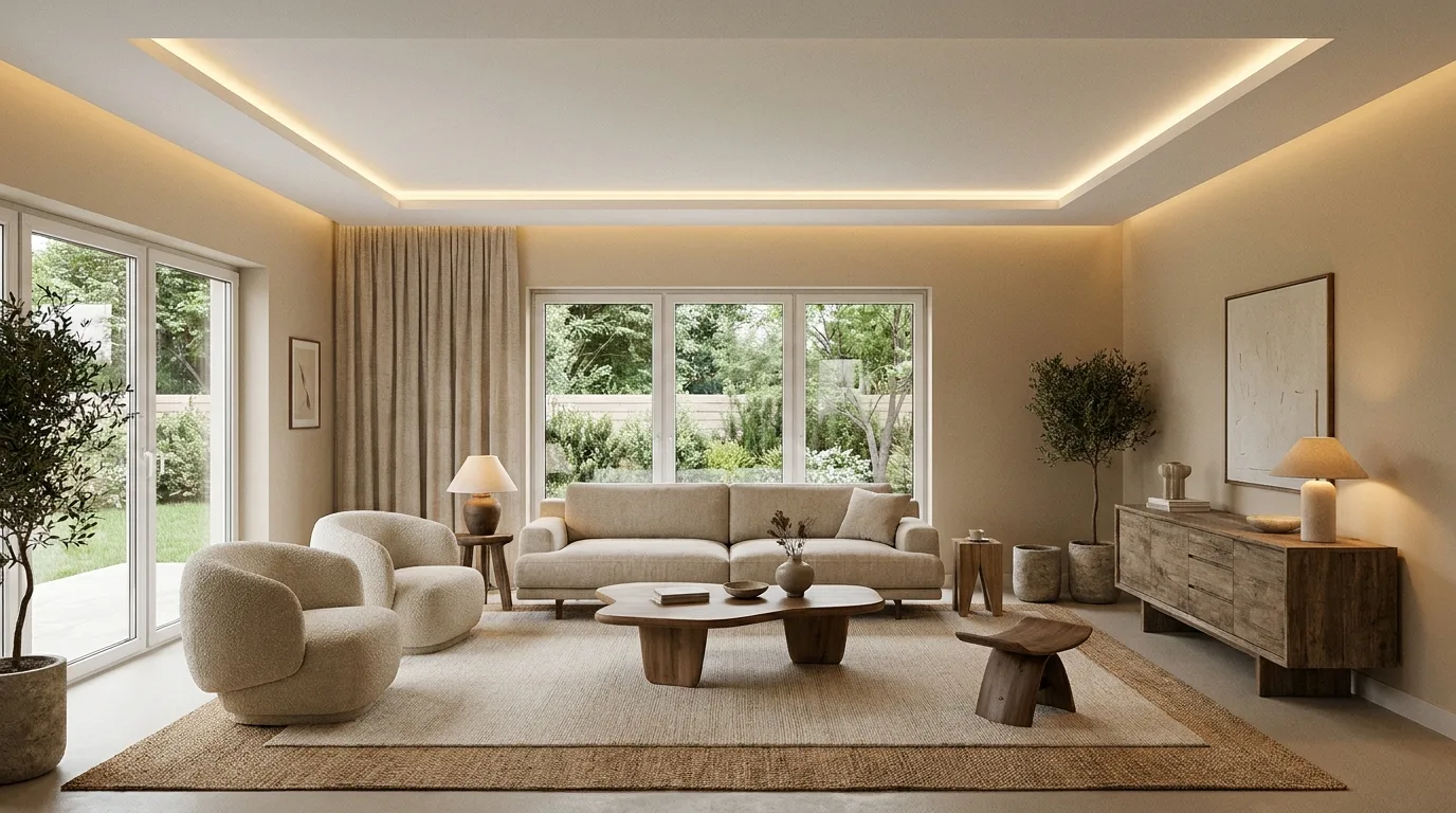 Modern living room with warm-white POP ceiling and teal statement wall