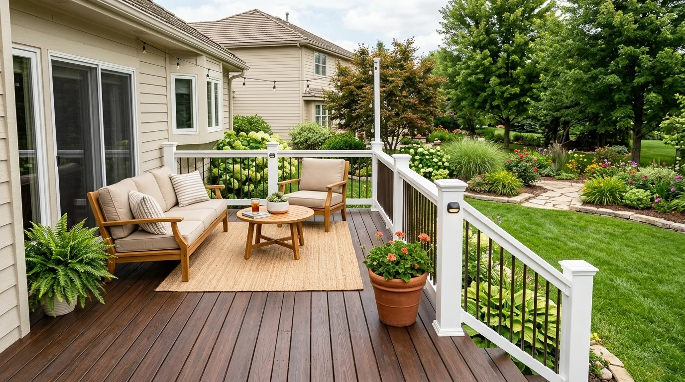 Compact outdoor kitchen cart organized beside a backyard deck grill