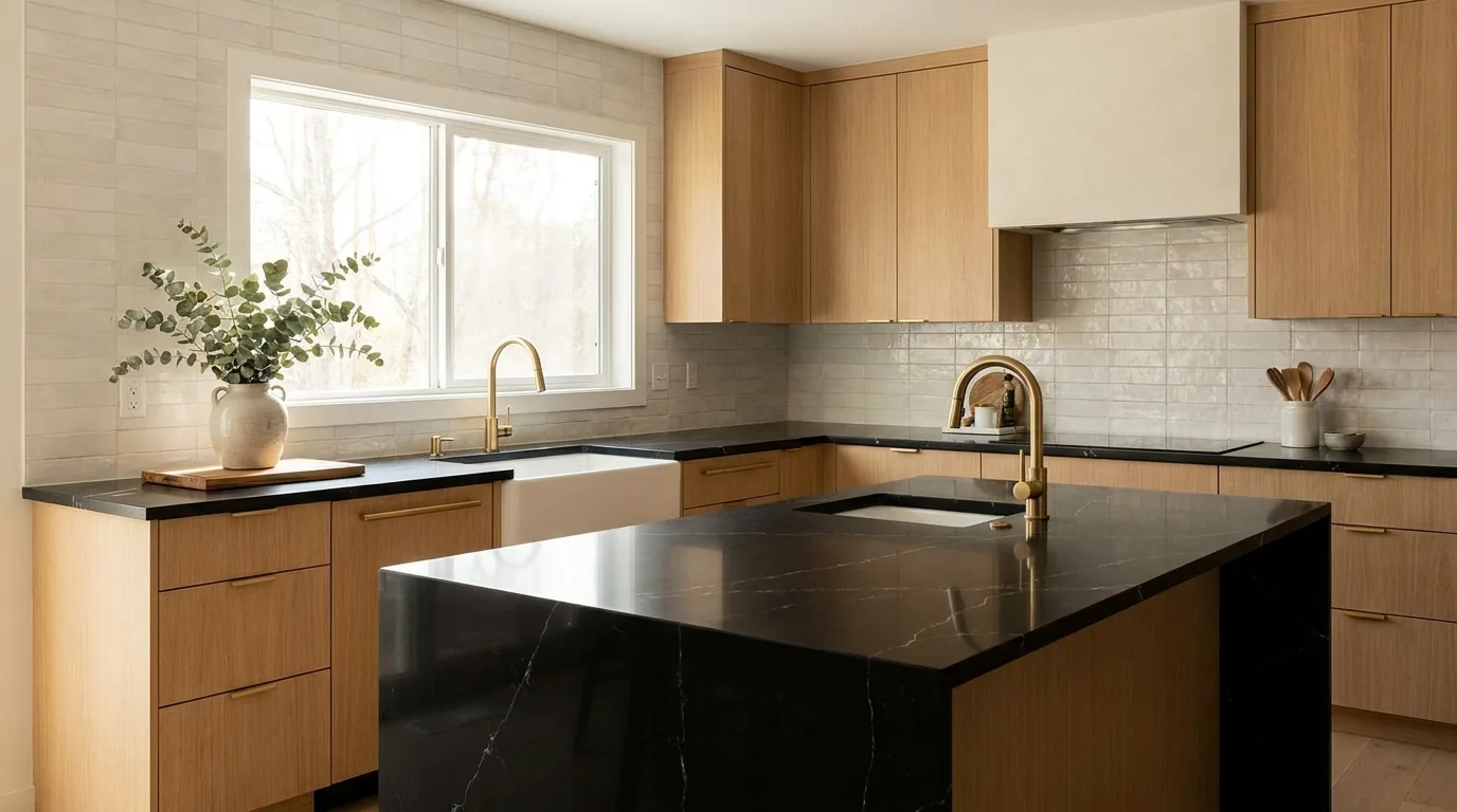 Black quartz counters with natural stone-look backsplash tile