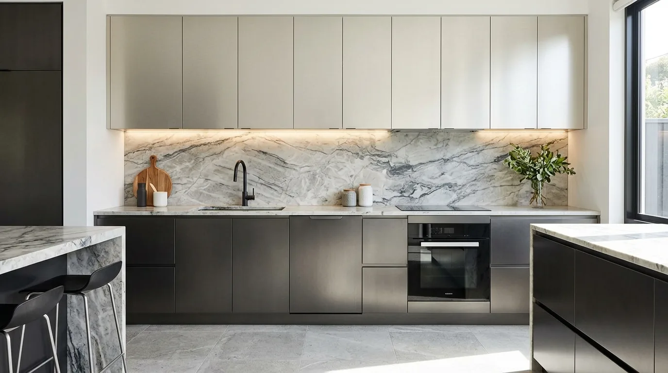 U-shaped kitchen with extensive aluminium cabinetry and storage