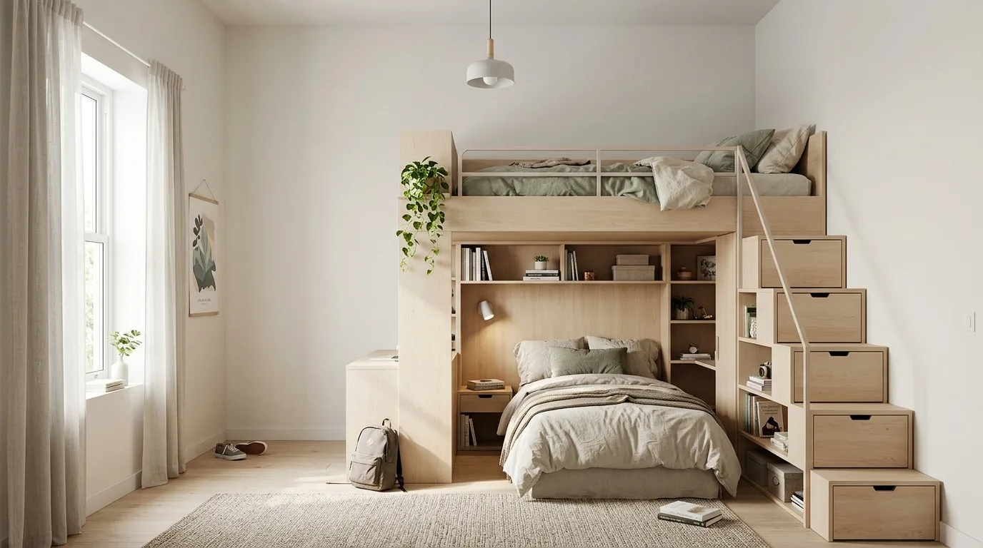 Two-bed bedroom with a slim shared dresser for efficient storage