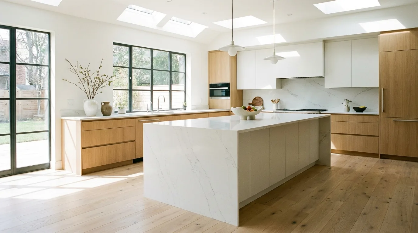 Designer kitchen with contrasting two-tone countertop surfaces