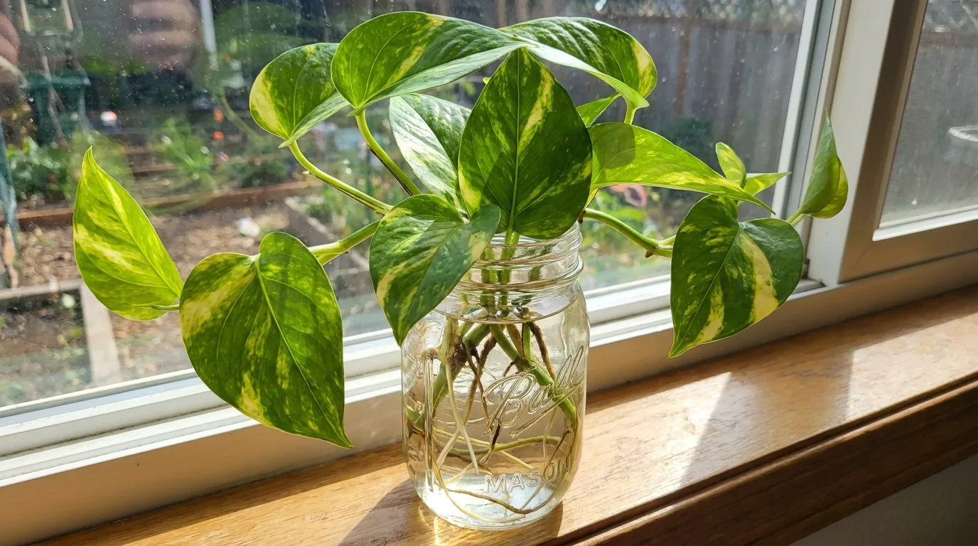 Monstera cutting developing roots in a clear water vase