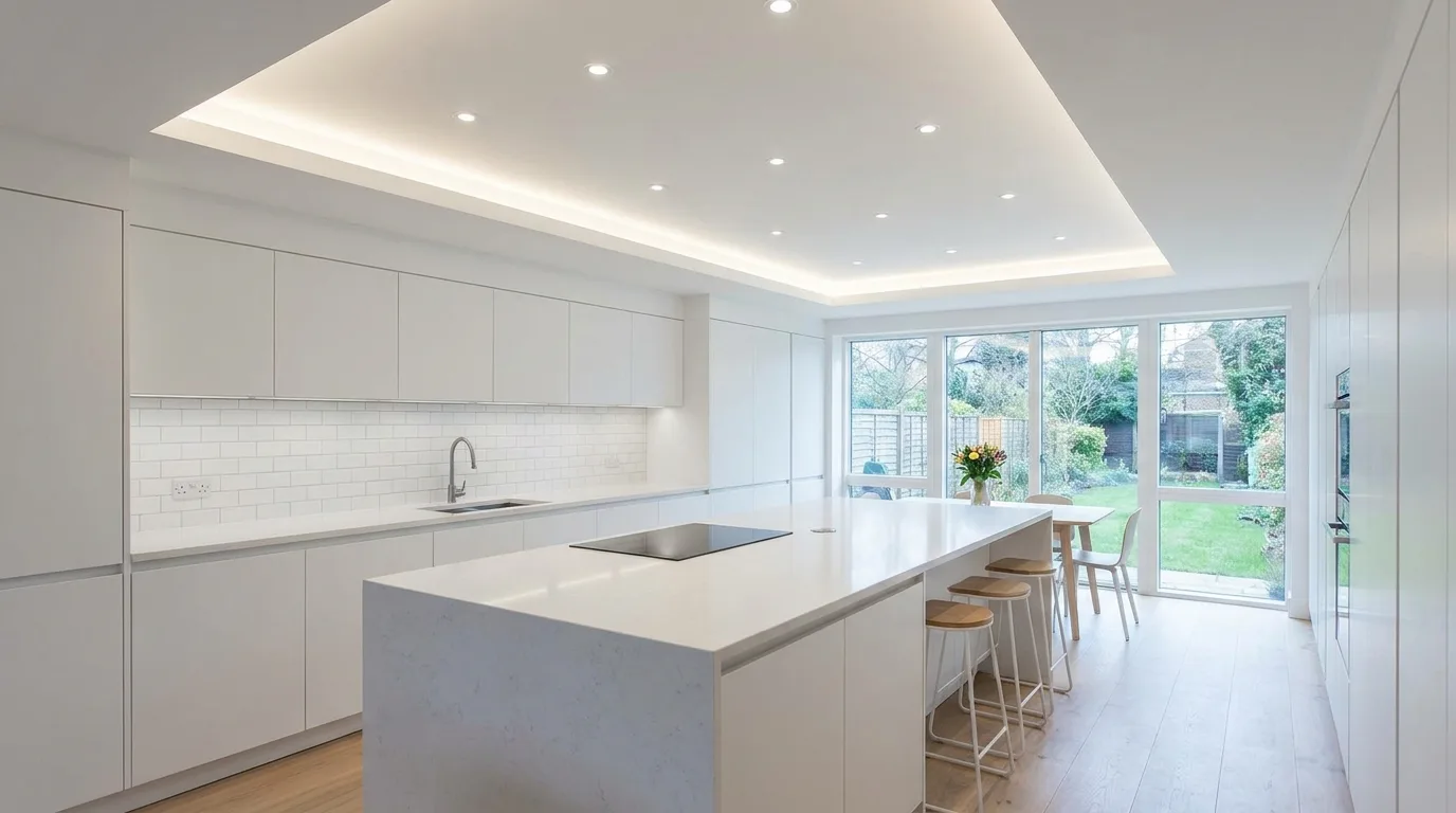 Modern kitchen with a muted color accent in the false ceiling