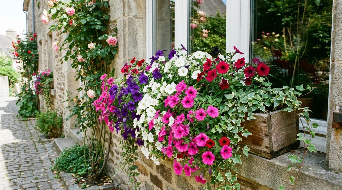 Symmetrical and structured window flower box arrangement