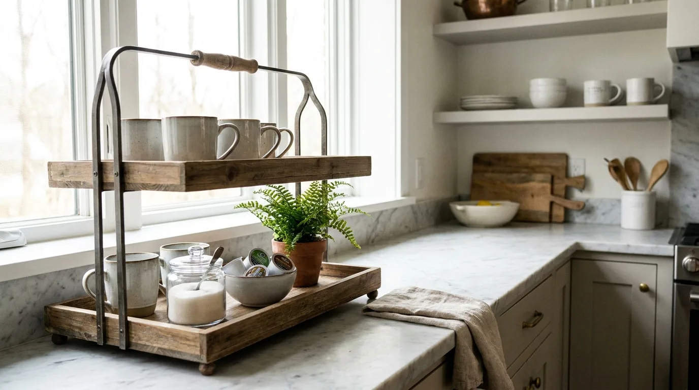 Slim tiered coffee tray maximizing counter space in a very small kitchen