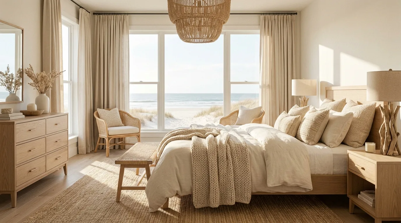 Coastal bedroom glowing with warm ambient lamps and woven lighting