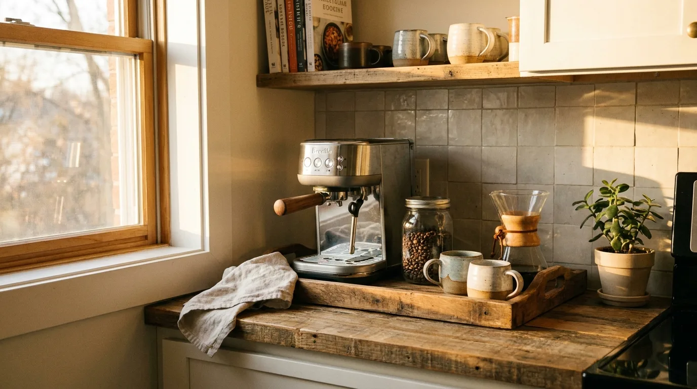 Personalized kitchen coffee bar with favorite mugs, artwork, plant, and coffee essentials