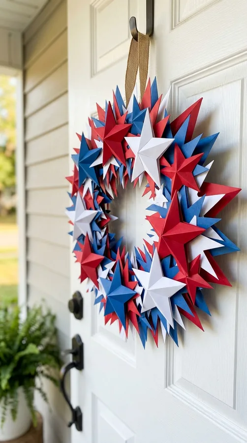 Recycled newspaper star wreath painted red white and blue