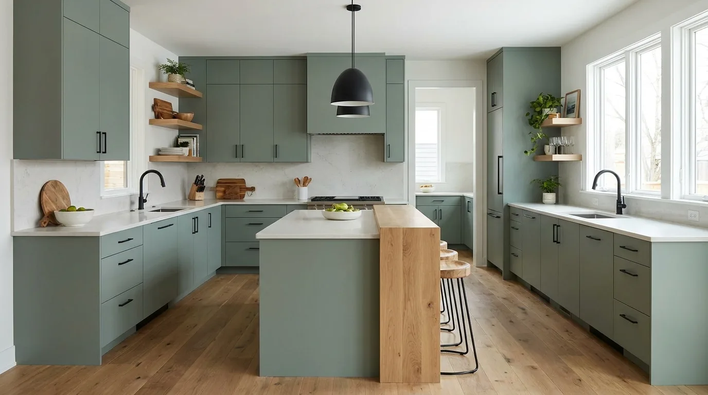 Minimalist sage green kitchen with sleek cabinetry and clean modern details