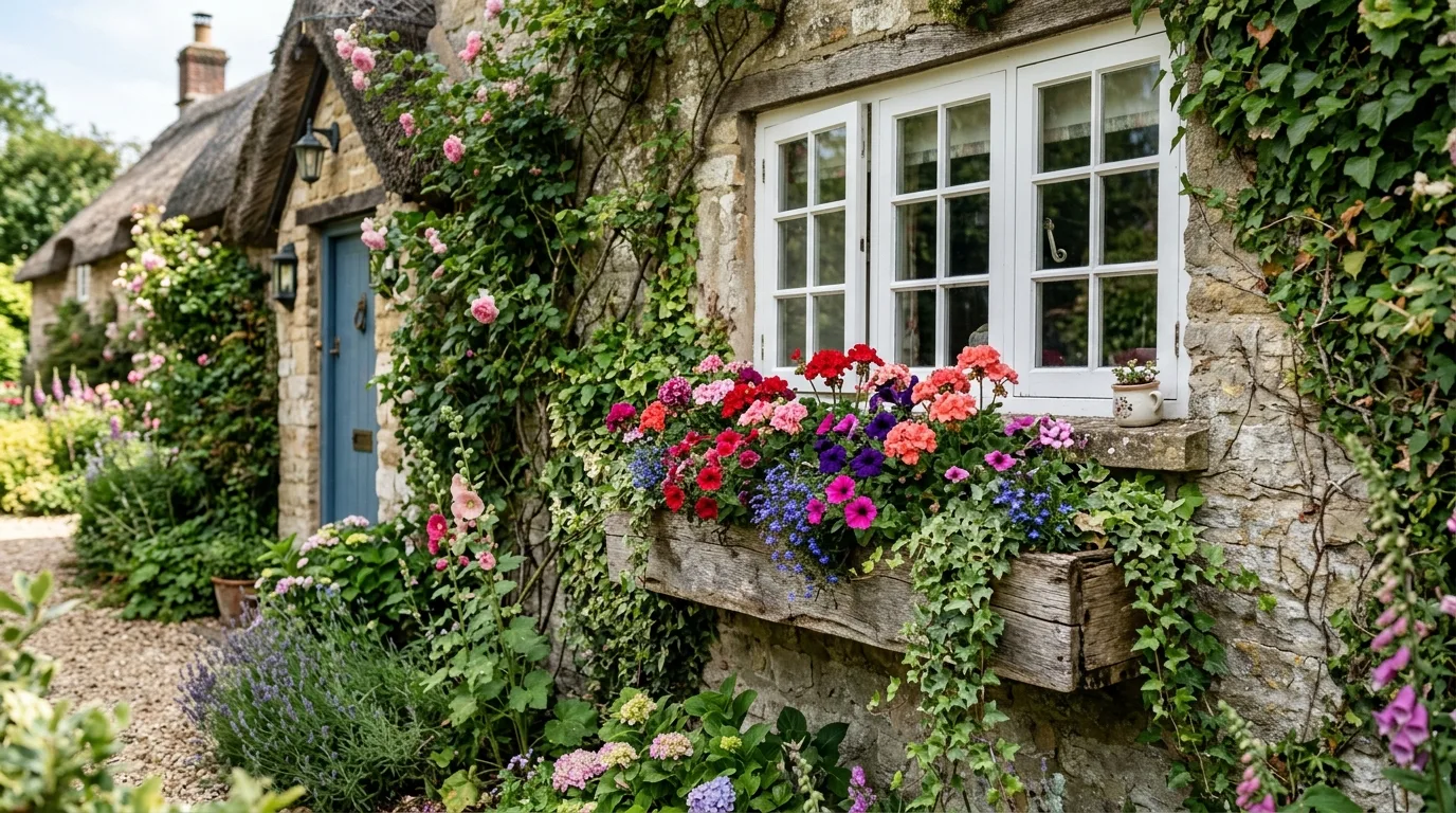 Matching symmetrical window flower boxes on a home facade