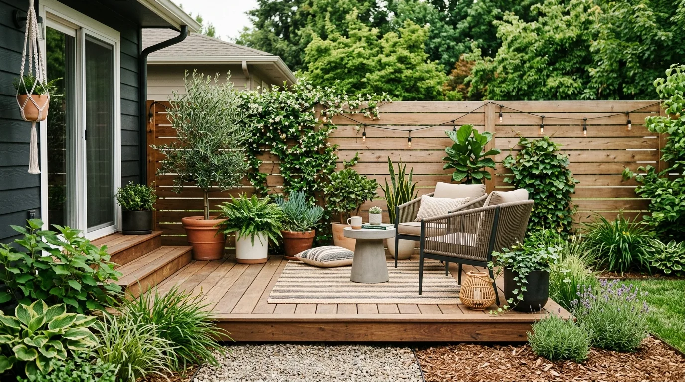 Backyard deck finished with affordable seasonal accessories