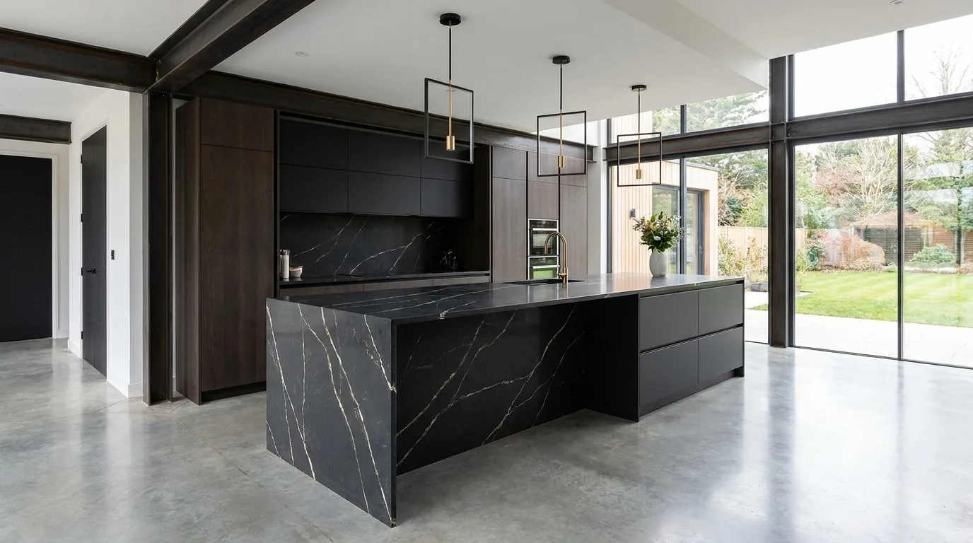 Modern kitchen with black quartz and matching black appliances