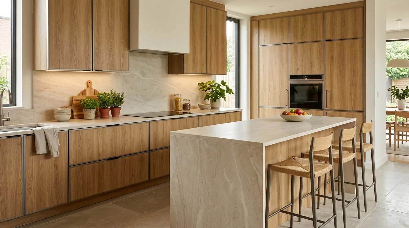 Dark aluminium kitchen cabinets with warm brass hardware