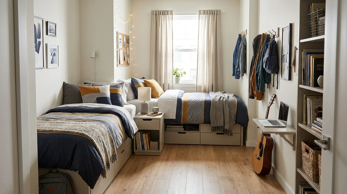 Small bunk bedroom with a cozy reading corner and floating bookshelf