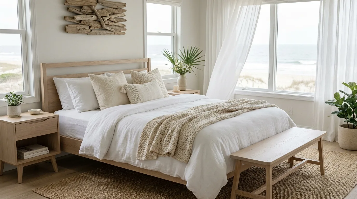 Lush coastal bedroom with airy curtains, tropical greenery, and an indoor-outdoor feel