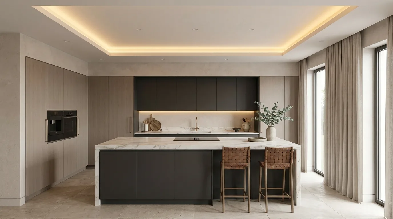 Open-plan kitchen using a false ceiling to define the cooking zone