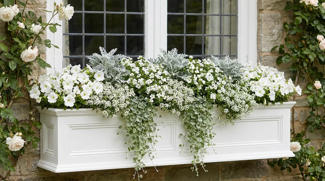 Lush shade-loving flower box with begonias and ferns