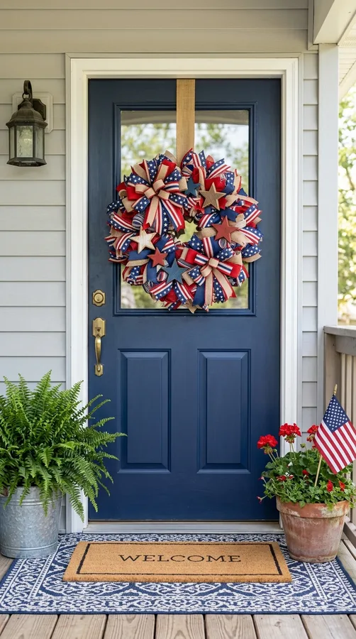 Mini flag and ribbon wreath with a welcoming patriotic sign