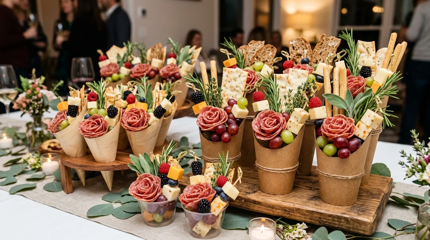 Grand celebration charcuterie bouquet with layered meats, cheese, fruit, and herbs