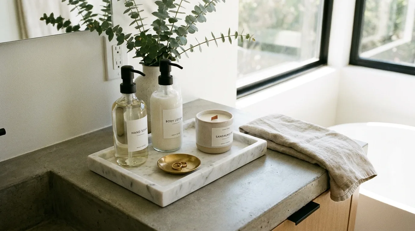 Luxury hotel-inspired bathroom counter with simple coordinated decor