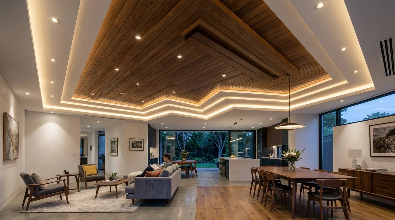 Layered wood-and-gypsum false ceiling with integrated lighting