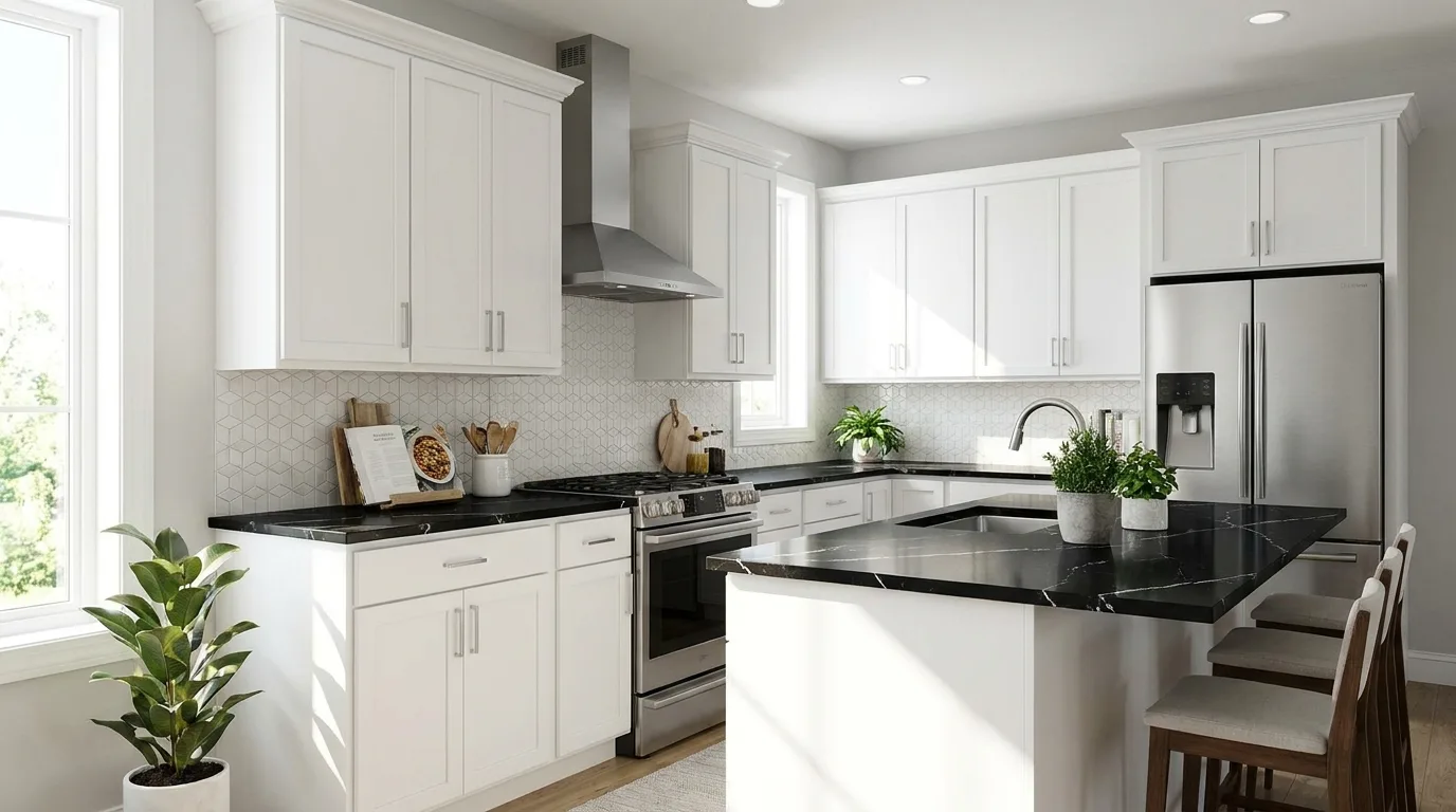 Layered lighting highlighting black quartz kitchen countertops
