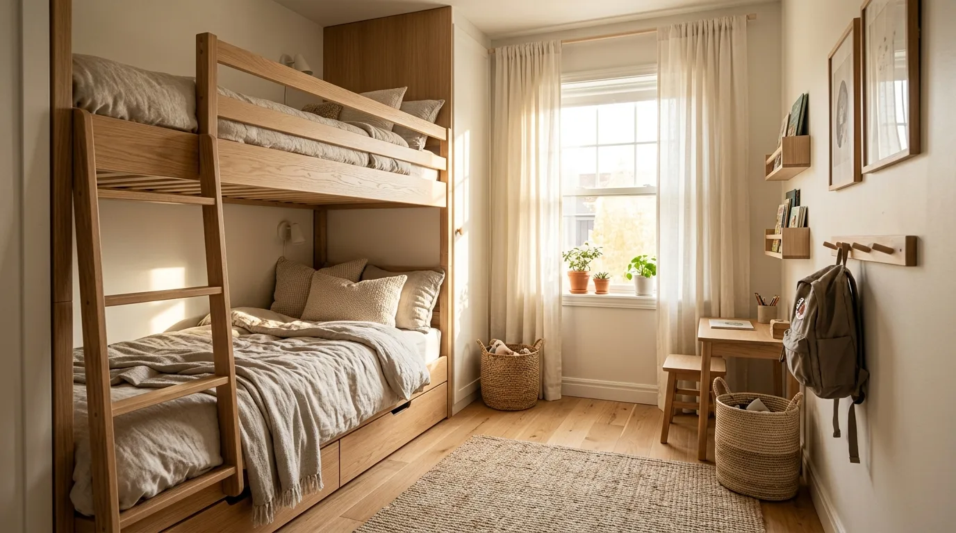Custom two-bed storage wall combining beds, wardrobes, drawers, and shelves