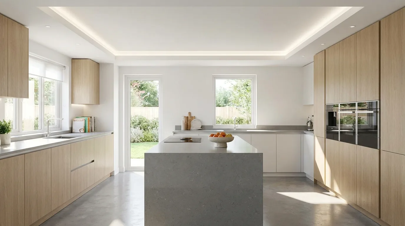 Compact modern kitchen with a layered illuminated false ceiling