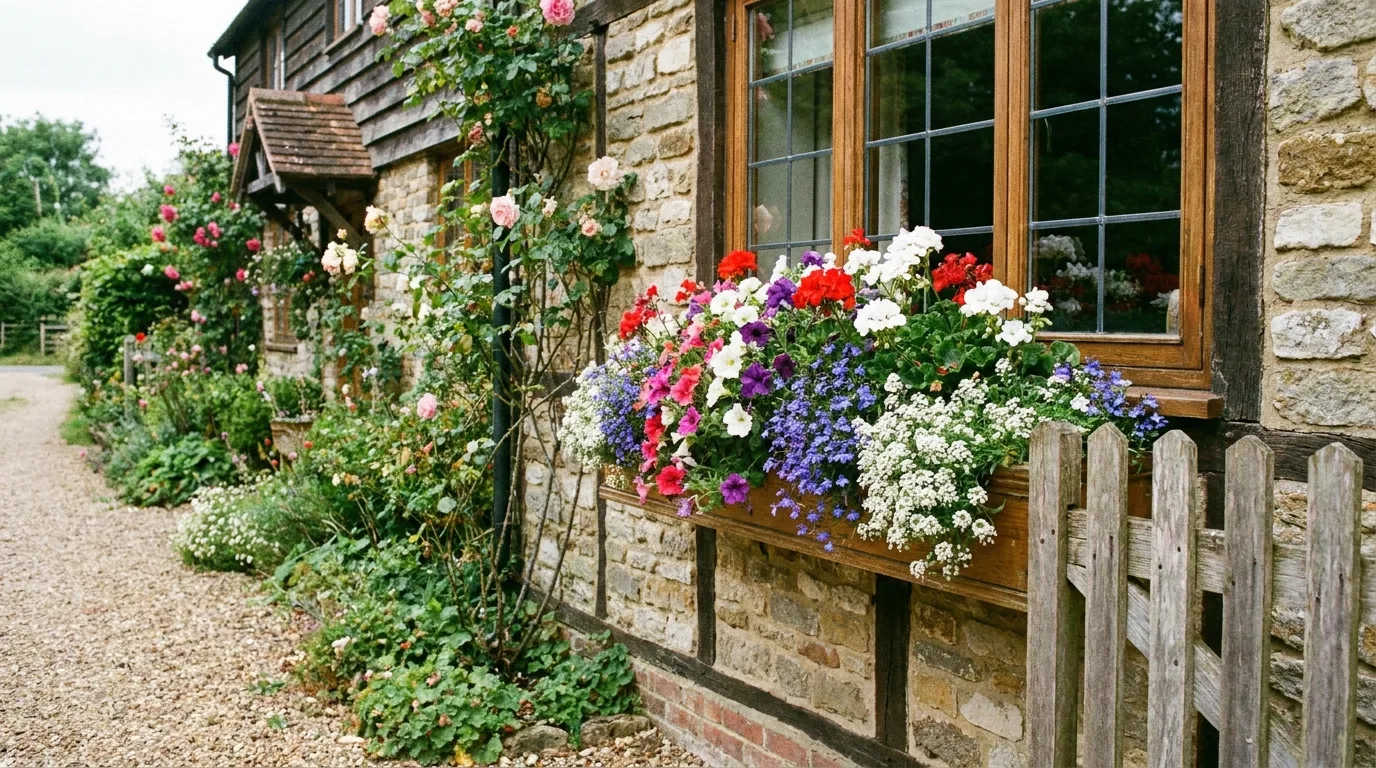 Minimalist green window box with grasses and foliage