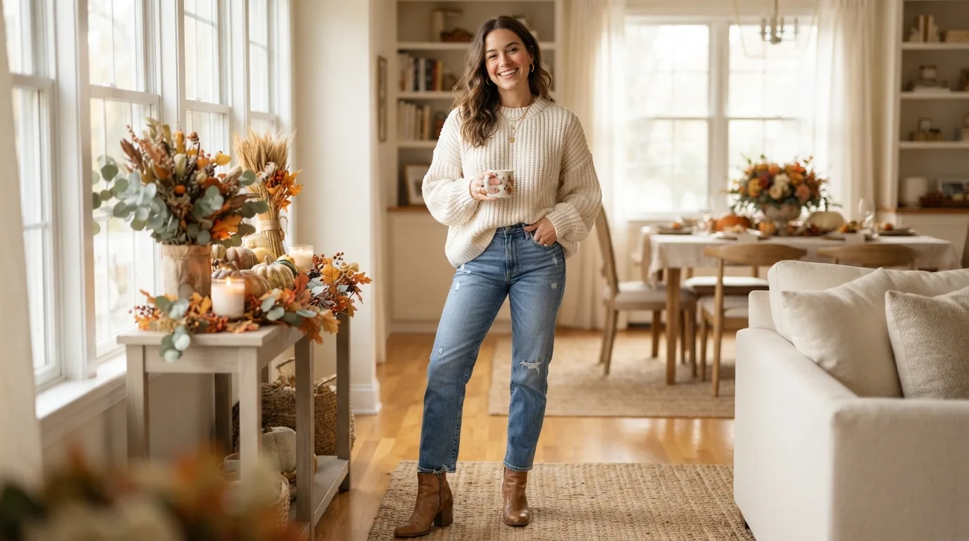 Cozy Sweater and Straight-Leg Jeans — 17 Thanksgiving Outfit Ideas You'll Actually Want to Wear — image 01