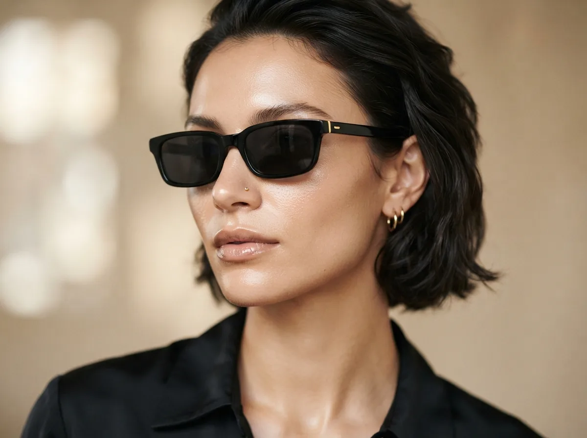 Match Minimalist Nose Studs With Classic Sunglasses — 15 Tips for Pairing Piercing Jewelry With Your Sunglasses Style — image 01