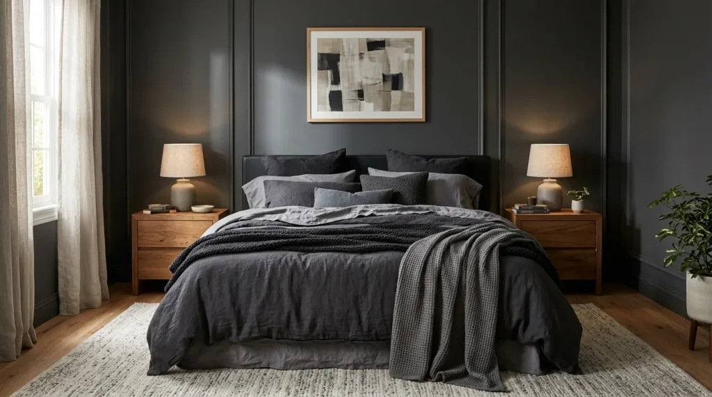 Charcoal Gray Bedroom With Layered Bedding — 15 Dark and Moody Bedroom Ideas for a Cozy Winter Ambiance — image 01