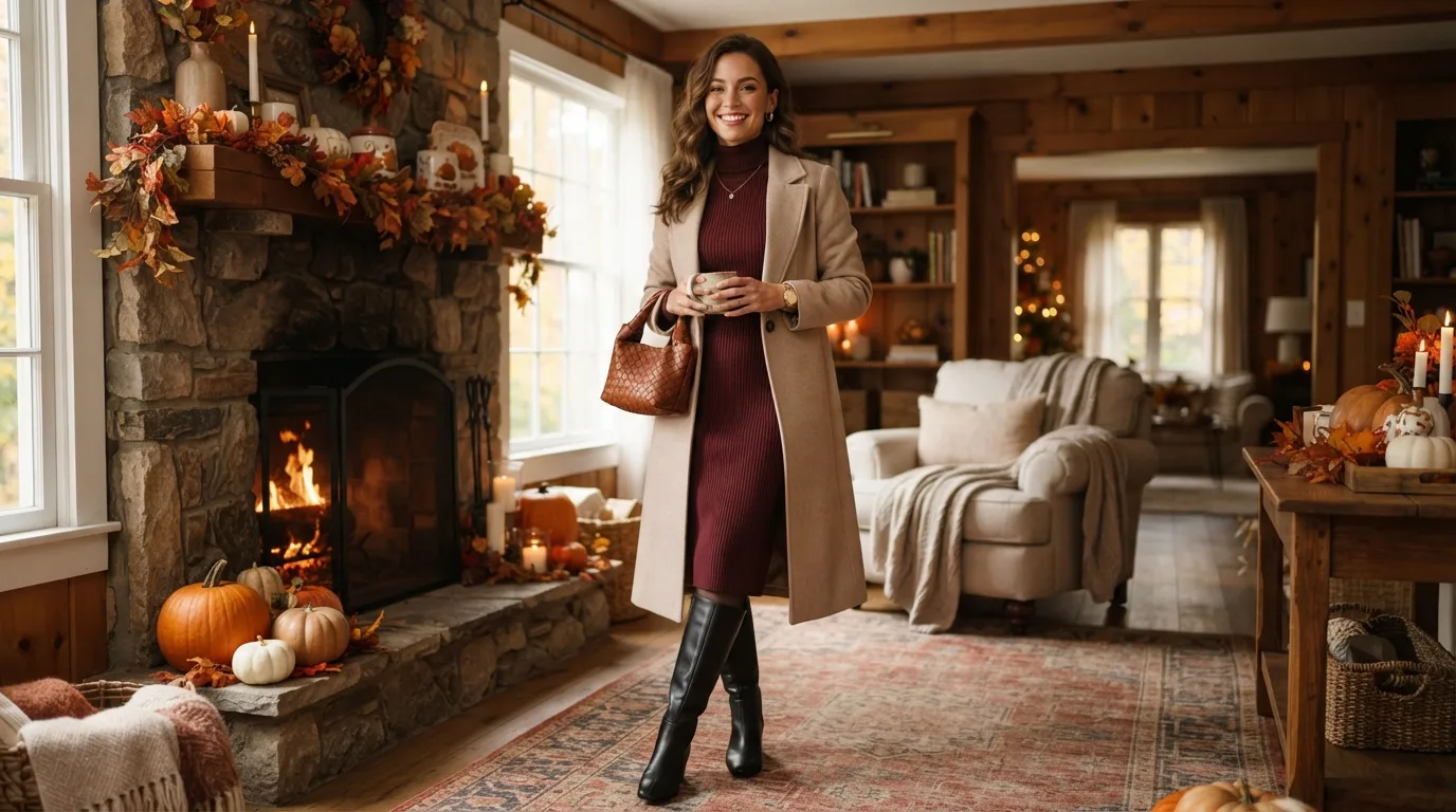 Burgundy Sweater Dress and Knee-High Boots — 17 Thanksgiving Outfit Ideas You'll Actually Want to Wear — image 02